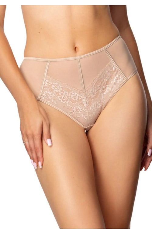 culotte beige nude tulle semi transparent dentelle florale brodée taille haute gainante couvrance modérée coutures verticales structurantes