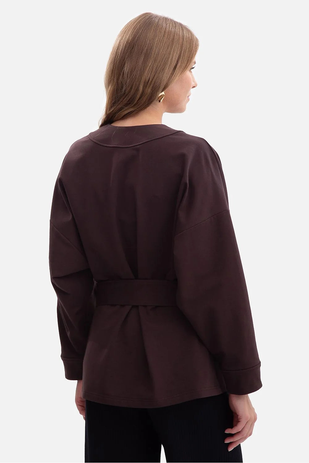 veste kimono femme marron chocolat oversize jersey molleton épais intérieur bouclette confortable doux ceinture amovible manches longues minimaliste polonais
