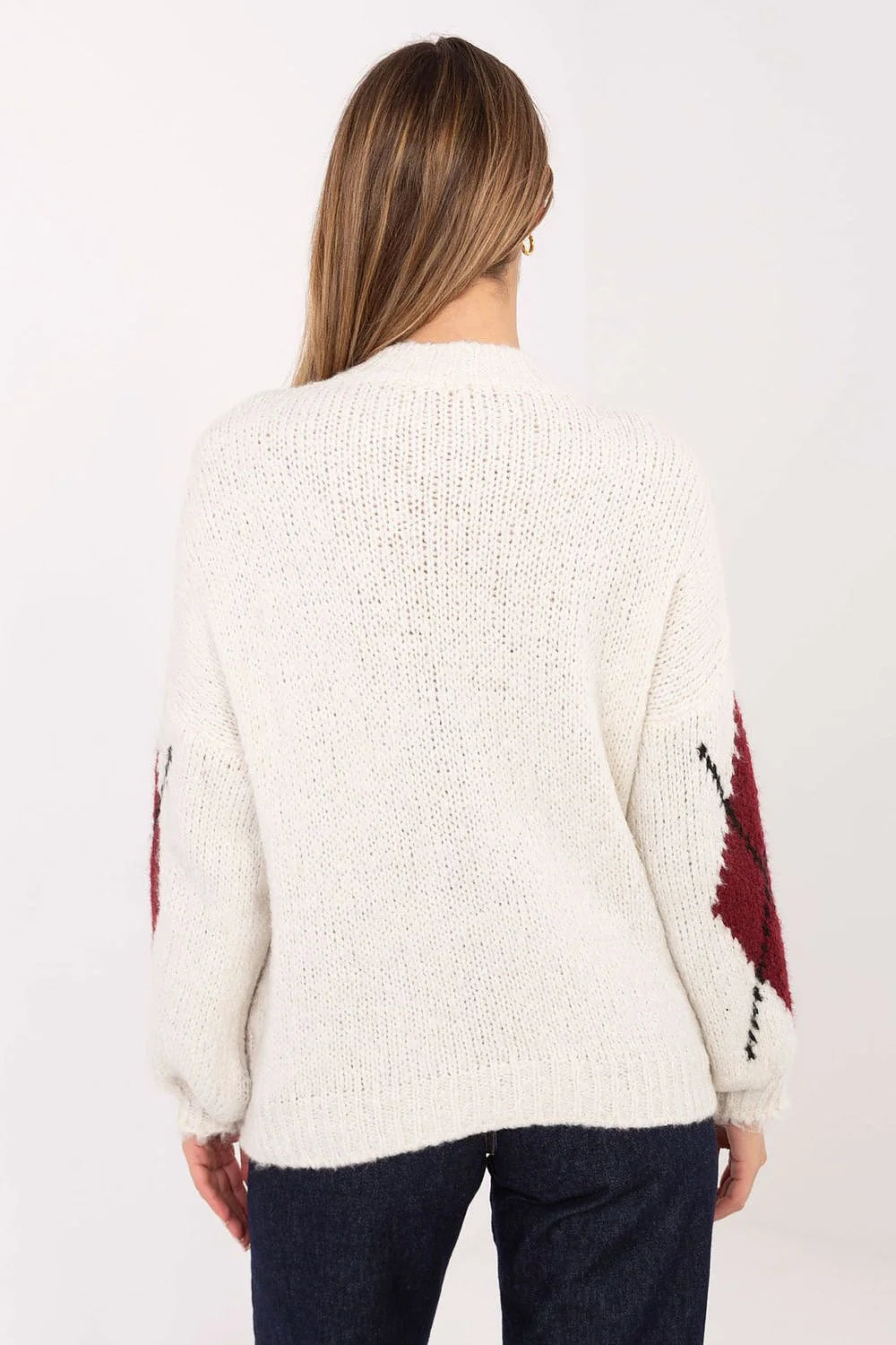 pull oversize femme grosse maille col rond motif argyle bordeaux écru pointillé manches bouffantes coupe ample bords côtelés chaud confortable