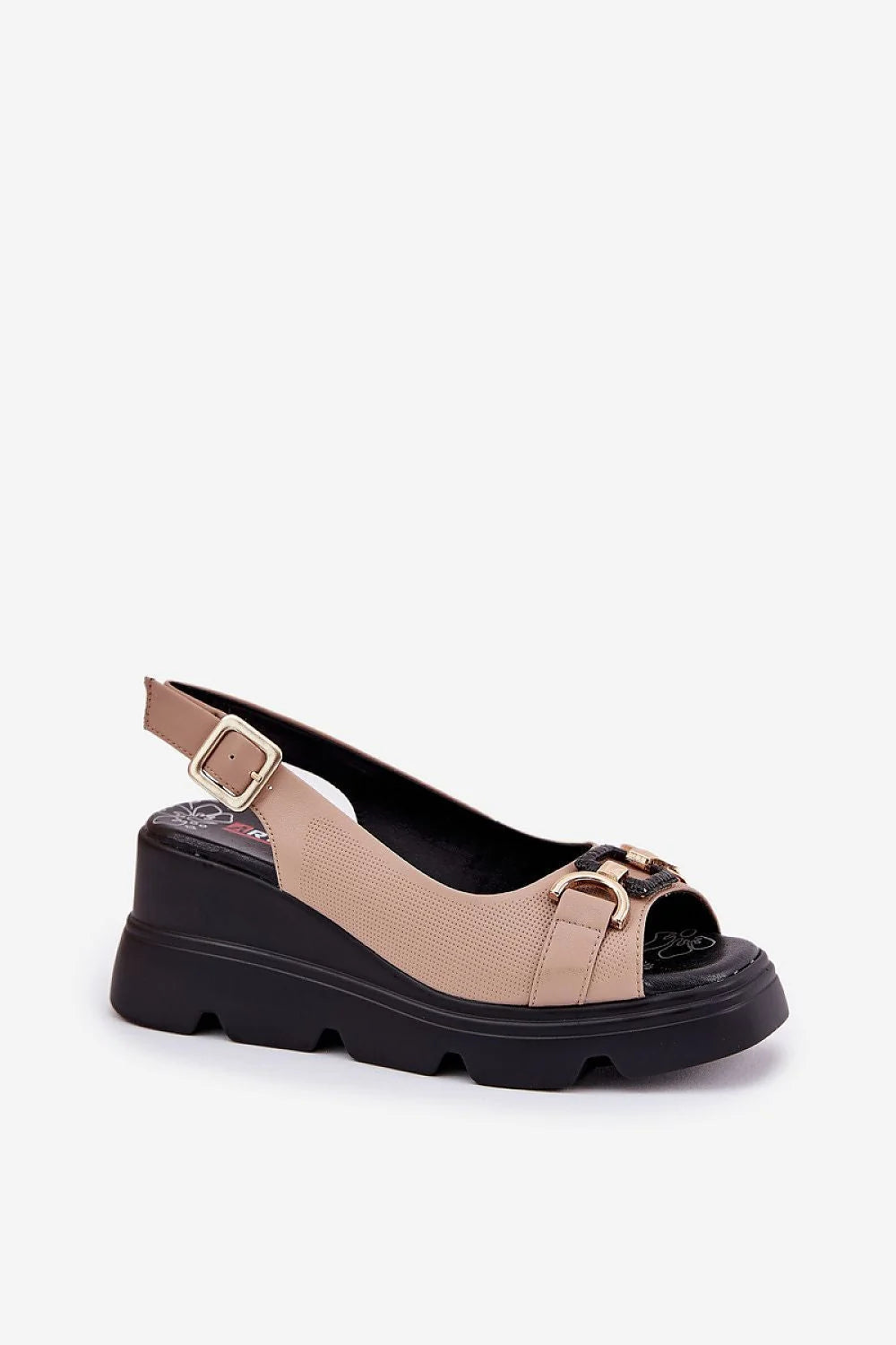 Sandales femmes style élégant cuir naturel plateforme compensée talon compensé boucle dorée beige noire pédicure visible strap ajustable occasion été