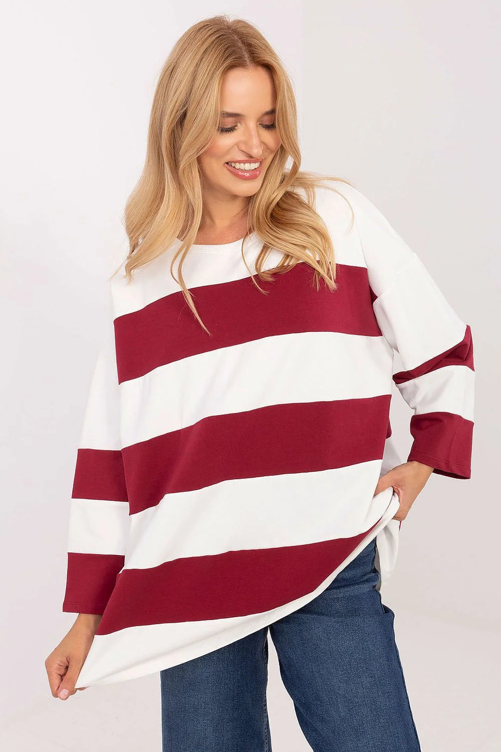 sweatshirt femme oversize tunique manches longues épaules tombantes encolure ronde rayures horizontales blanc bordeaux maille souple jersey coton élasthanne