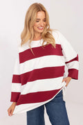 sweatshirt femme oversize tunique manches longues épaules tombantes encolure ronde rayures horizontales blanc bordeaux maille souple jersey coton élasthanne