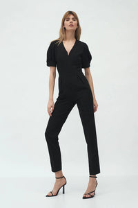 Combinaison polyester viscose noir encolure v sans-armatures manches courtes bouffantes taille haute jambes droites occasion formelle travail soirée