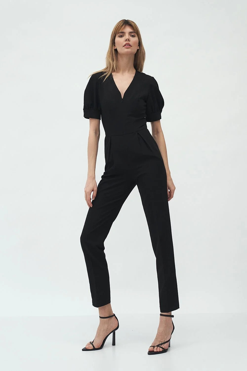 Combinaison femme élégante moderne moulante encolure V manches courtes bouffantes taille haute noir polyvalente polyester spandex viscose