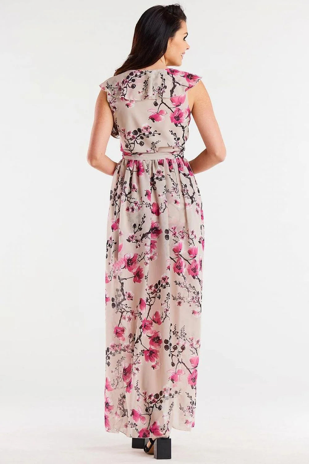 Robe de jour awama en mousseline fleurie rose et noire taille ajustable sans manches encolure en V avec ceinture et volant femme