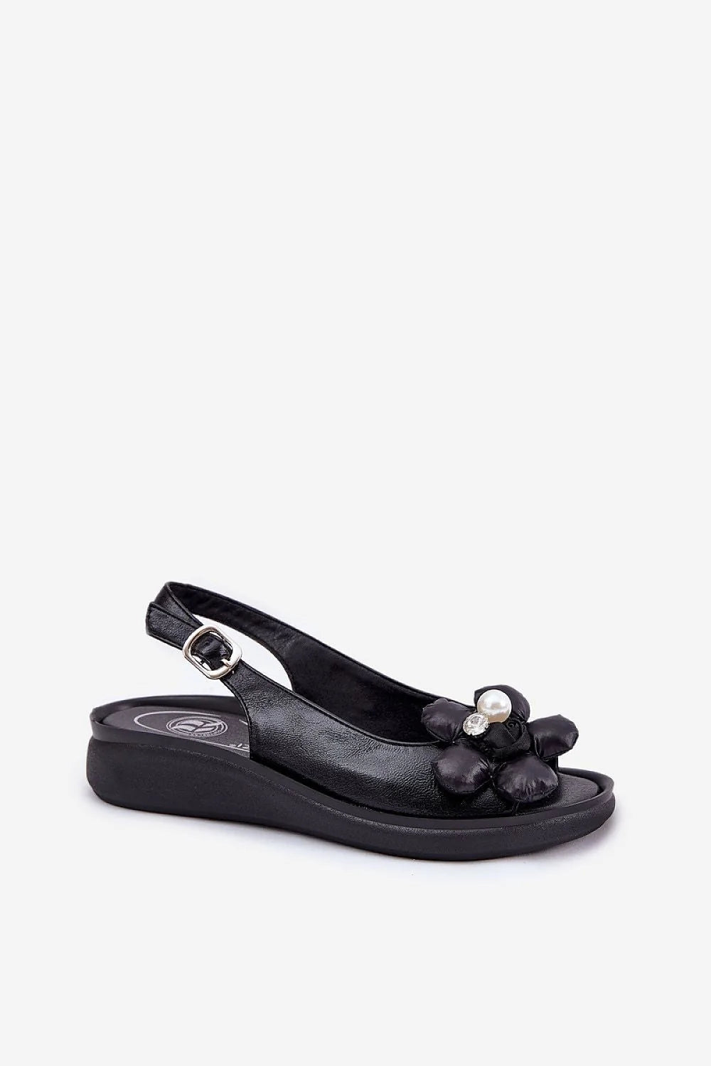 Sandales Jezzi et bas imprimés, style floral, couleur noire, talon compensé, fleur textile, perle centrale, confort, élégance, robe ou pantalon, été décontracté