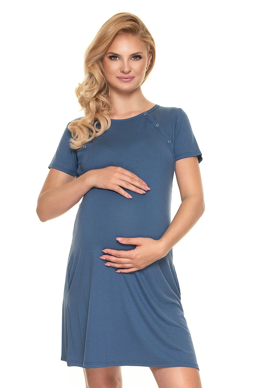 Chemise de nuit maternité en coton confortable manches courtes bleu pour allaitement future maman élégante