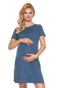 Chemise de nuit maternité en coton confortable manches courtes bleu pour allaitement future maman élégante