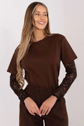 chemisier femme décontracté chocolat profond manches troisquarts dentelle florales col rond jersey coton nylon élasthanne stretch confortable respirant doux polyvalent