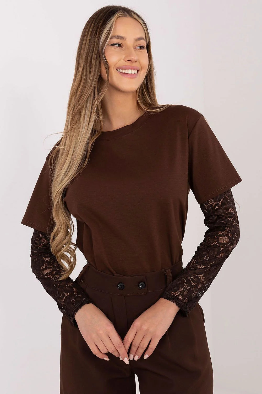 chemisier femme décontracté chocolat profond manches troisquarts dentelle florales col rond jersey coton nylon élasthanne stretch confortable respirant doux polyvalent