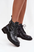 bottines femme cuir verni noir effet froissé montantes cheville lacets fermeture zippée tirant talon bloc bas semelle crantée doublure chaude