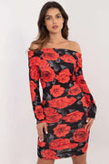 Robe de soirée élégante imprimé floral audacieux longueur genou manches longues épaules nues polyester élasthanne