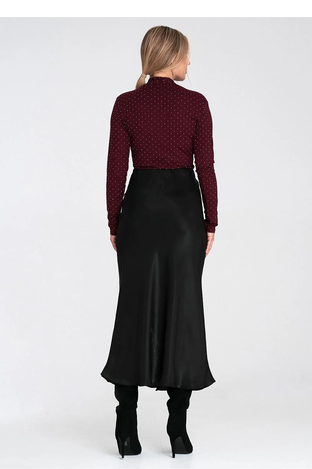 blouse cache coeur manches longues bordeaux pois blancs décolleté V croisé coupe ajustée maille stretch fluide tombé élégant