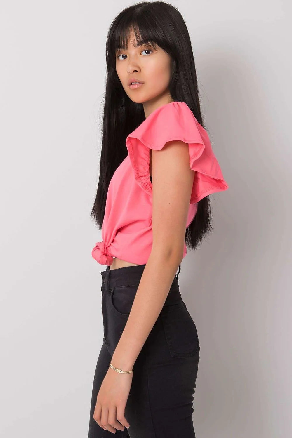 chemisier femme crop noué devant fuchsia manches courtes volants encolure ronde coton lycra stretch cintré taille haute léger respirant