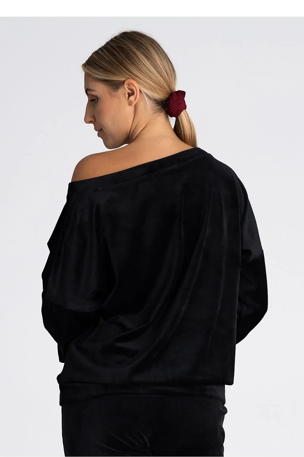 sweatshirt velours noir oversize femme Figl asymétrique encolure bateau manches longues bouffantes poignets côtelés doux extensible polyester elasthanne