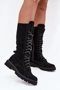 bottines montantes femme suède noir mi mollet lacets frontaux zip intérieur semelle crantée caoutchouc plateforme bout rond confortable