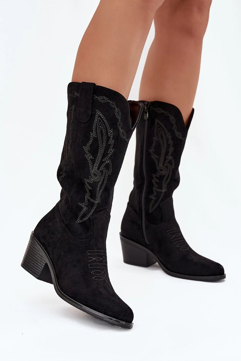 bottes cowboy femme mi mollet suédine écologique noire bout amande talon bloc stable six centimètres doublure chaude