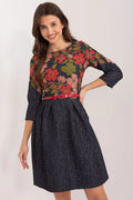 Robe de jour Lakerta robe élégante coupe évasée broderie florale manches 3/4 ceinture rouge taille ajustable femme