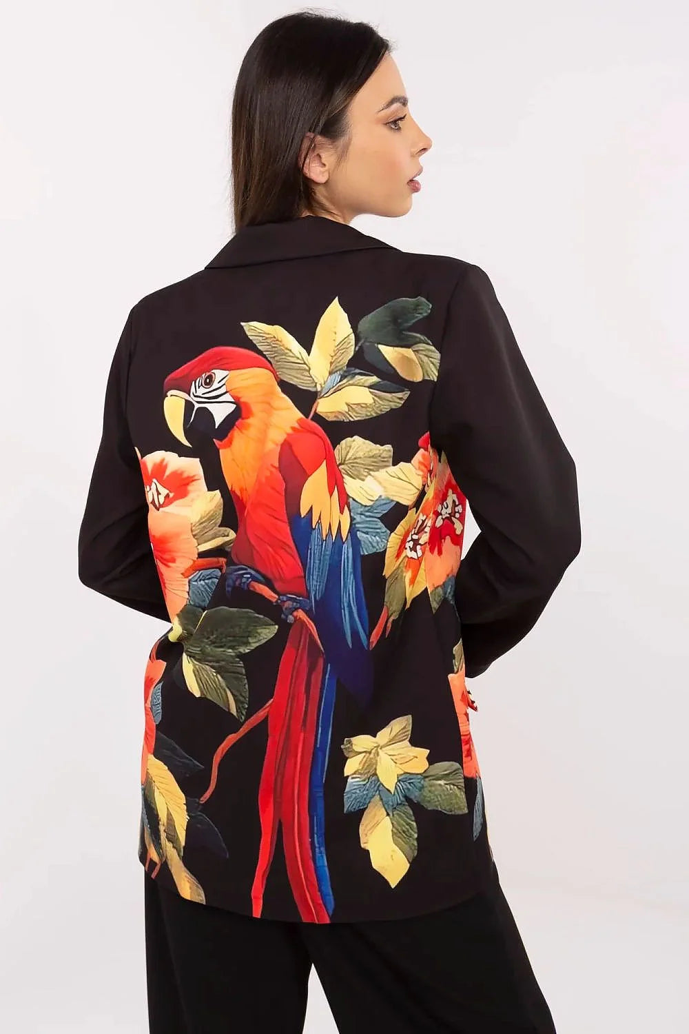 Veste Italia Moda femme blazer style audacieux imprimé perroquets feuilles tropicales couleurs vives polyester qualité élevé coupe structurée