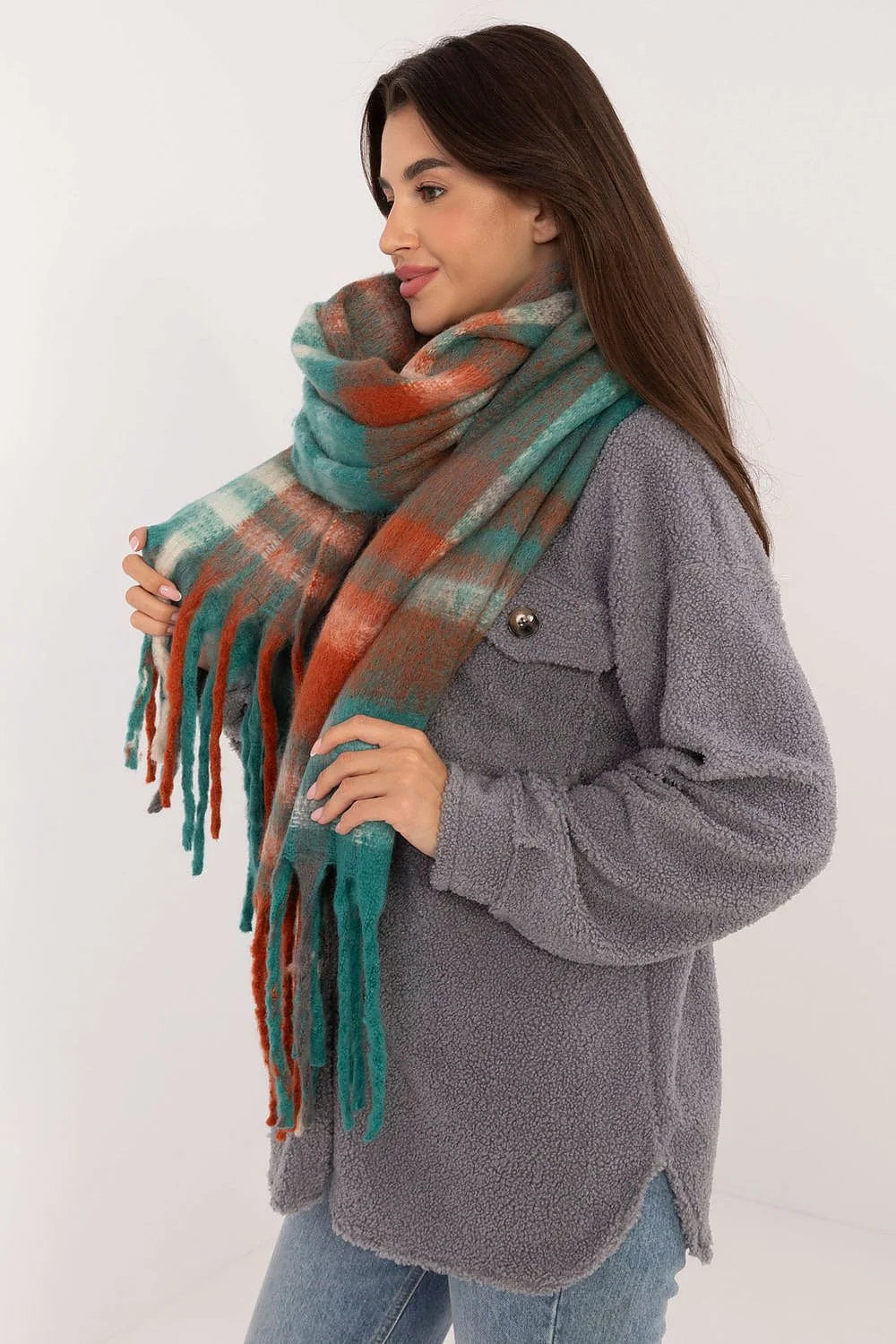 Écharpe pour femme élégante intemporelle motif carreaux couleurs vives longueur 186 cm franges décoratives polyester 100%