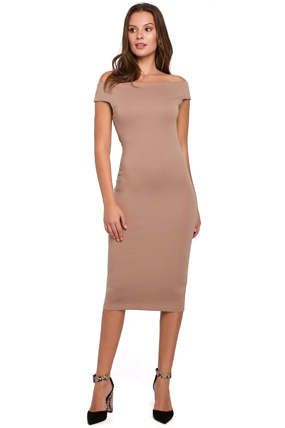 robe midi fourreau bodycon jersey stretch marron foncé bardot épaules dénudées coupe crayon ajustée mi mollet élégante sophistiquée confortable extensible