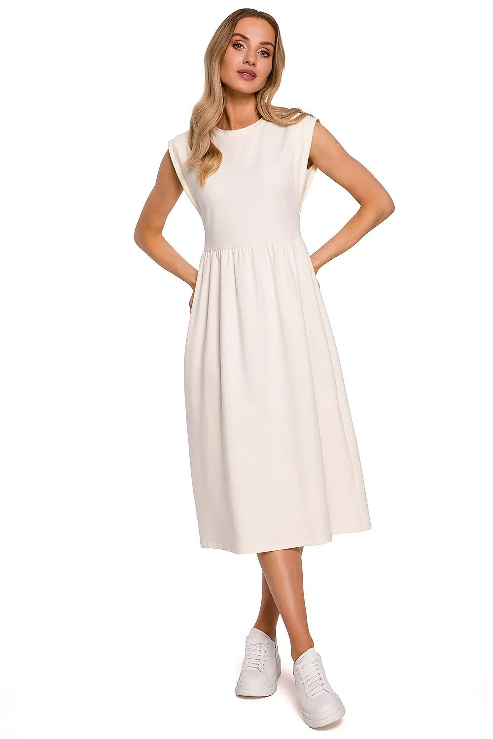 Robe midi en coton rose pâle style décontracté manches courtes pour élégance quotidienne féminine