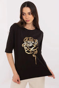 T-shirt femme design floral rose dorée coton confort style moderne coupe droite manches mi-courtes
