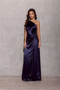 Robe longue élégante style asymétrique en satin bleu marine femme occasion spéciale coupe ajustée
