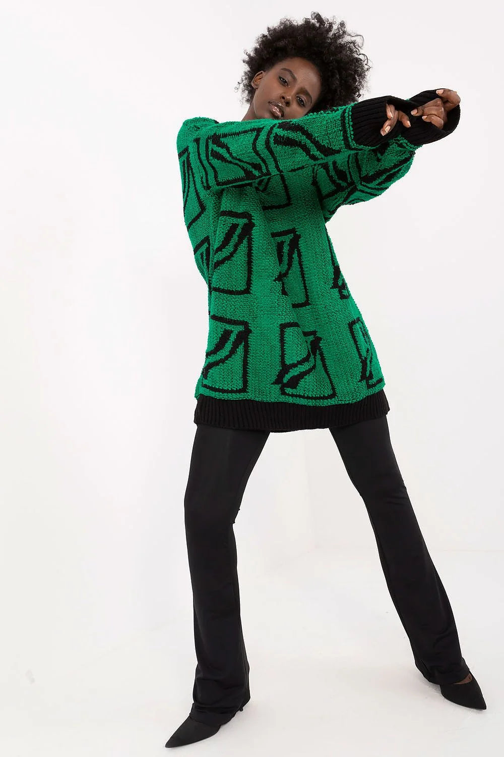 Pull femme Chandail Badu coupe allongée motifs géométriques acrylique laine vert vif manches longues style moderne casual confortable et stylé