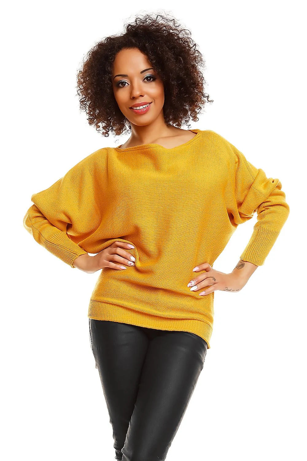 Blouse chauve-souris Pee Ka Boo en acrylique jaune moutarde, coupe ample, manches longues, encolure bateau, occasion casual chic pour femme