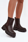 bottines Chelsea femme marron foncé cuir écologique empiècements élastiques latéraux fermeture éclair intérieure semelle crantée épaisse talon bloc doublure chaude