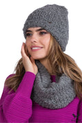 Bonnet et snood en tricot classique pour femme, texture bouclée, laine douce, couleur grise, confort hiver, accessoires mode