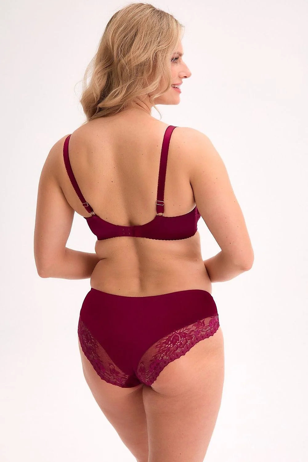 soutien gorge balconnet armatures semi rembourré mousse maintien dentelle tulle bordeaux profond bretelles réglables bijou central culotte mi haute mesh