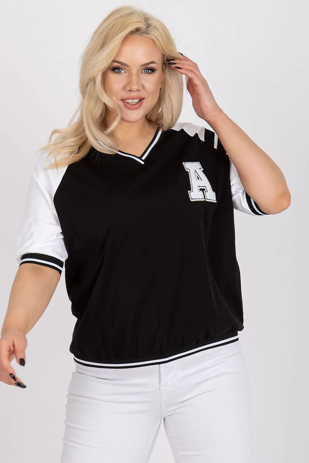 chemisier femme universitaire sportif décontracté manchescourtes lettreAappliquée coton élasthanne stretch coupeample colVrayé bandesnoires ourletélastiqué respirant confortable