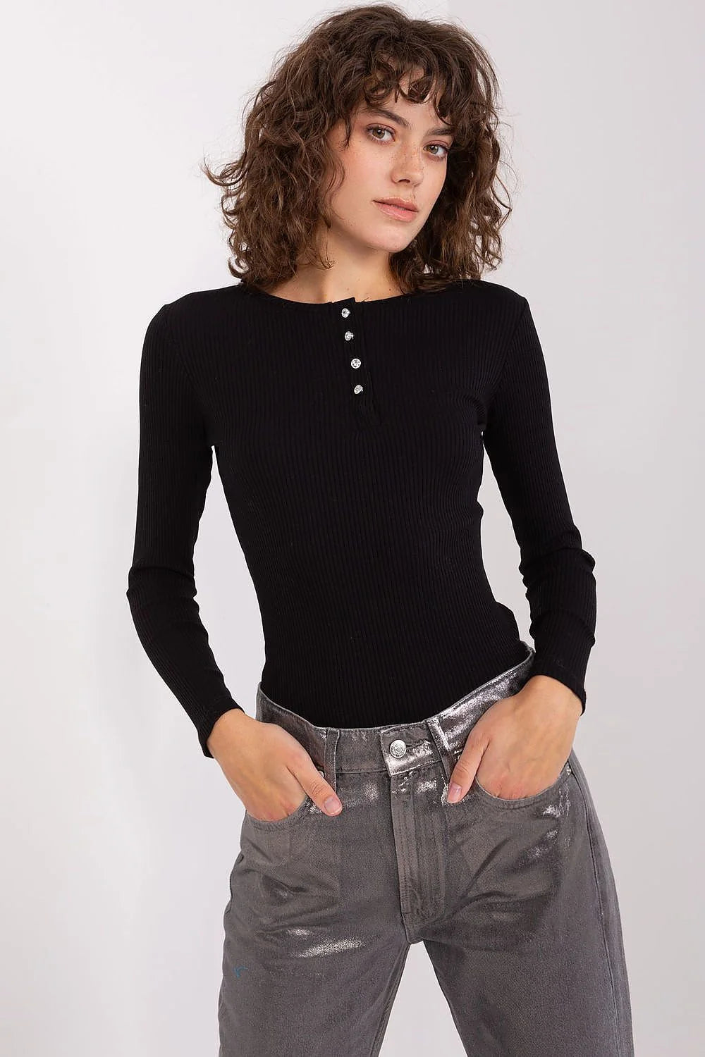 Chemisier BFG rayonne longues manches encolure ronde ajustée coton zircons élégance professionnelle noir femmes