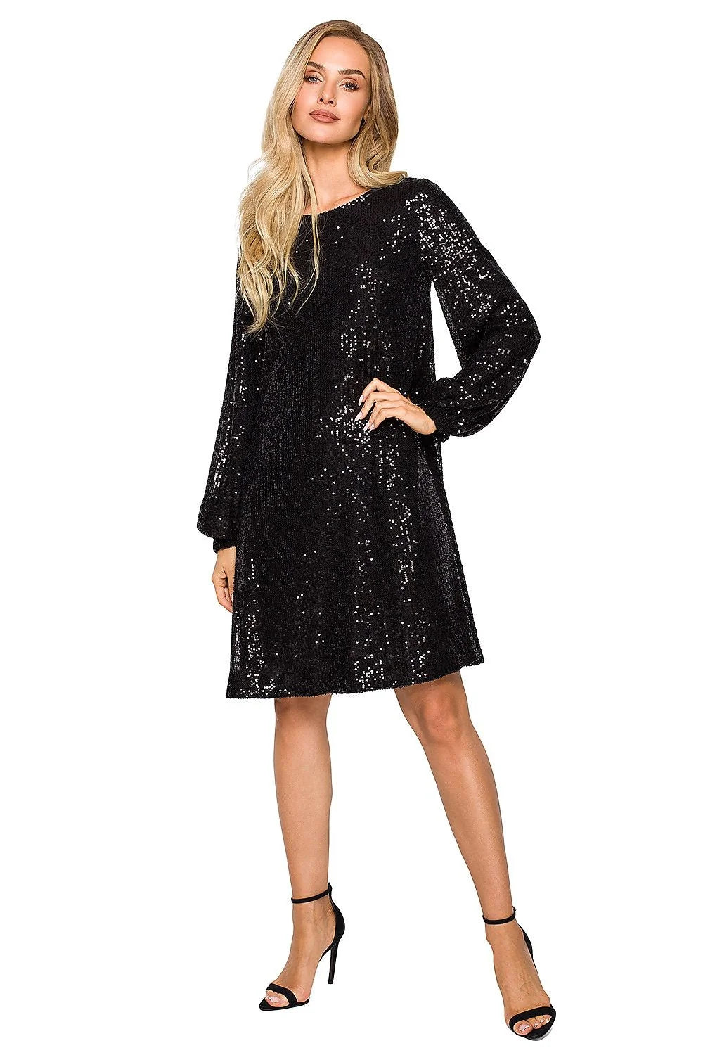 Robe de soirée élégante à paillettes argentées longueur genoux manches longues col rond ceinture nouable femme