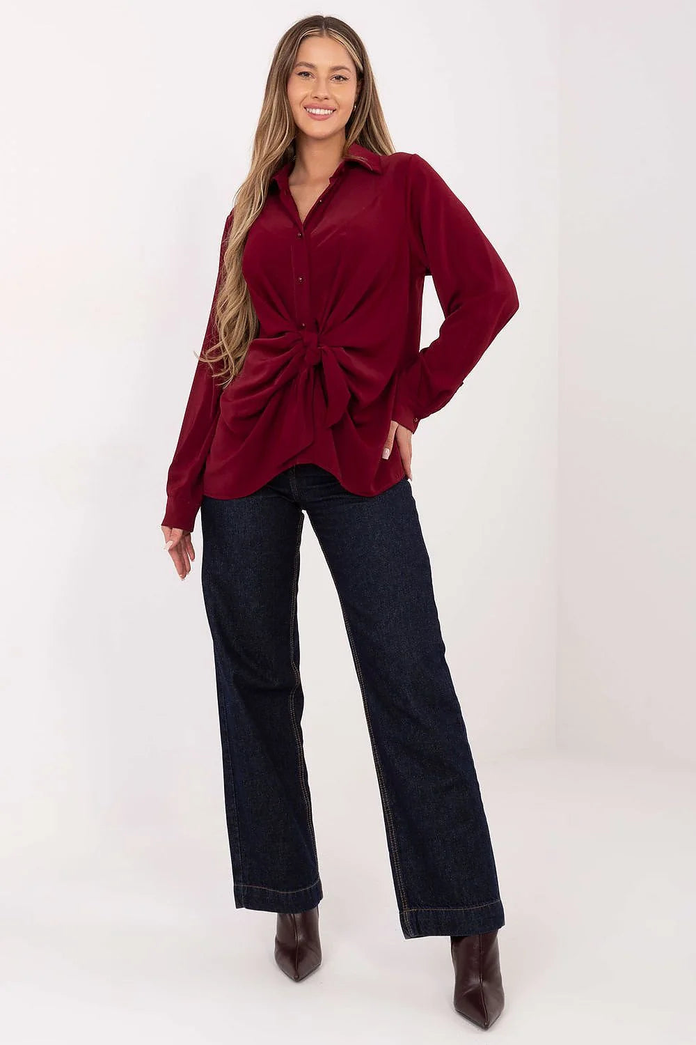 chemise femme manches longues bouffantes poignets col classique boutonnage central laçage décoratif nœud drapé fronces bordeaux polyester fluide