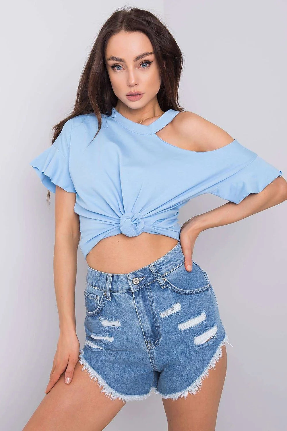 Blouse Fancy asymétrique pour femme, style cold shoulder, manches courtes, couleur rose vif, coton stretch, confortable, versatile, occasion多种