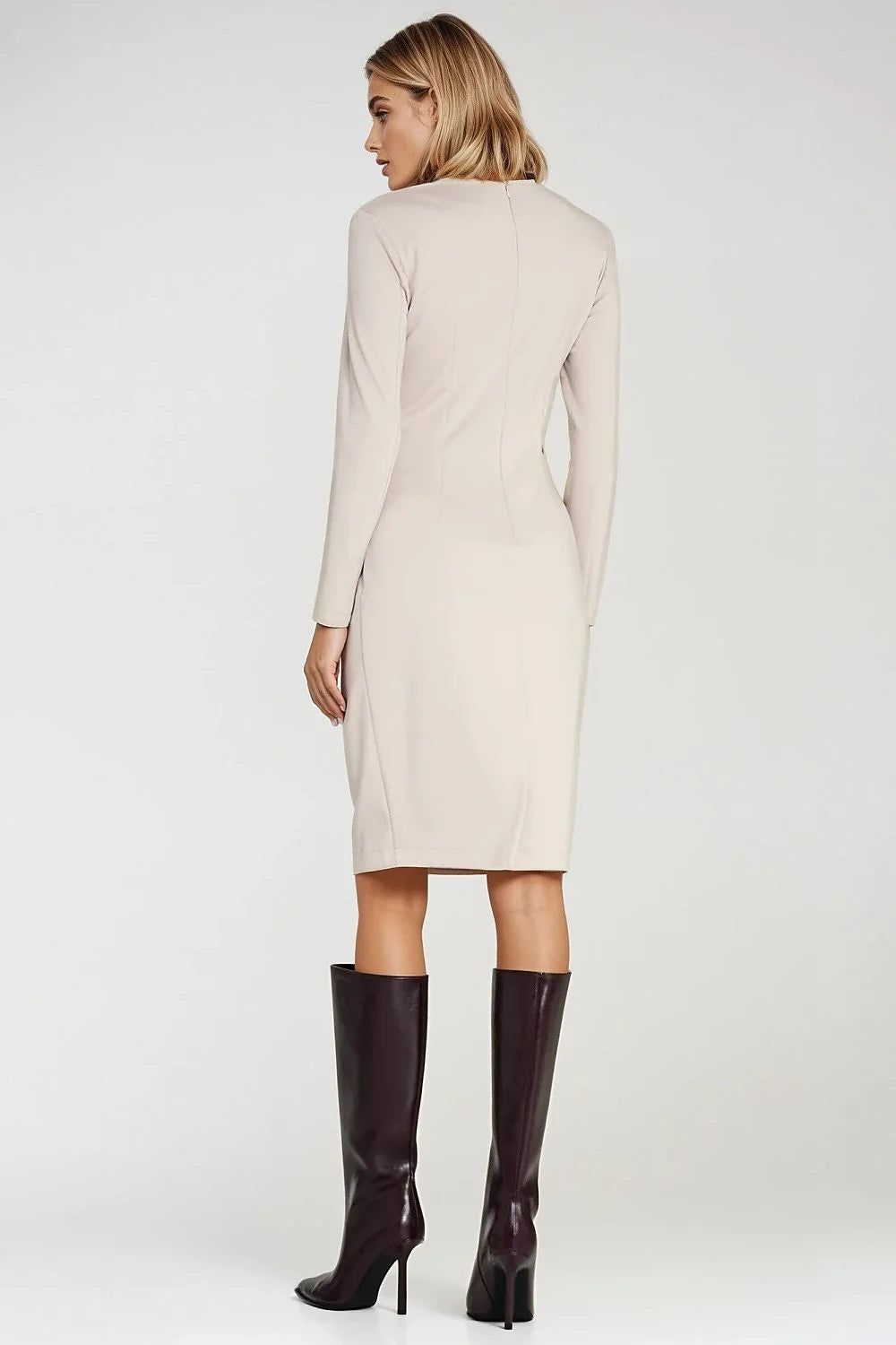 robe fourreau midi beige nude cintrée élégante manches longues décolleté cachecoeur empiècement souspoitrine tissu extensible lisse crayon silhouette intemporelle bureau