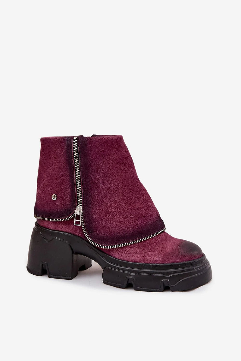 bottines femme Maciejka daim suédé bordeaux patiné tige retournée talon bloc plateforme crantée semelle fermeture éclair latérale bouton pression