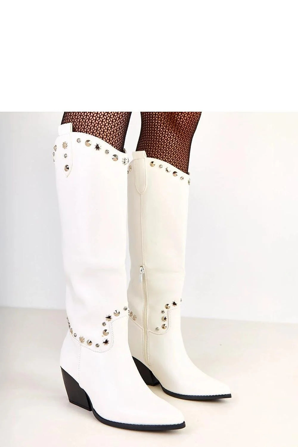 bottes femme western cowgirl tige35cm hauteur genou similicuir blanc lisse boutpointu talon cubain 7cm clous argentés étoiles confortables