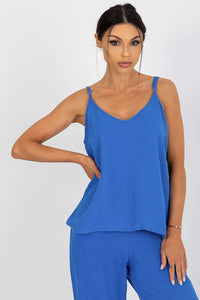 Top Och Bella coton len viscose bleu vif ample encolure v ajustables décontracté minimaliste casual été femme