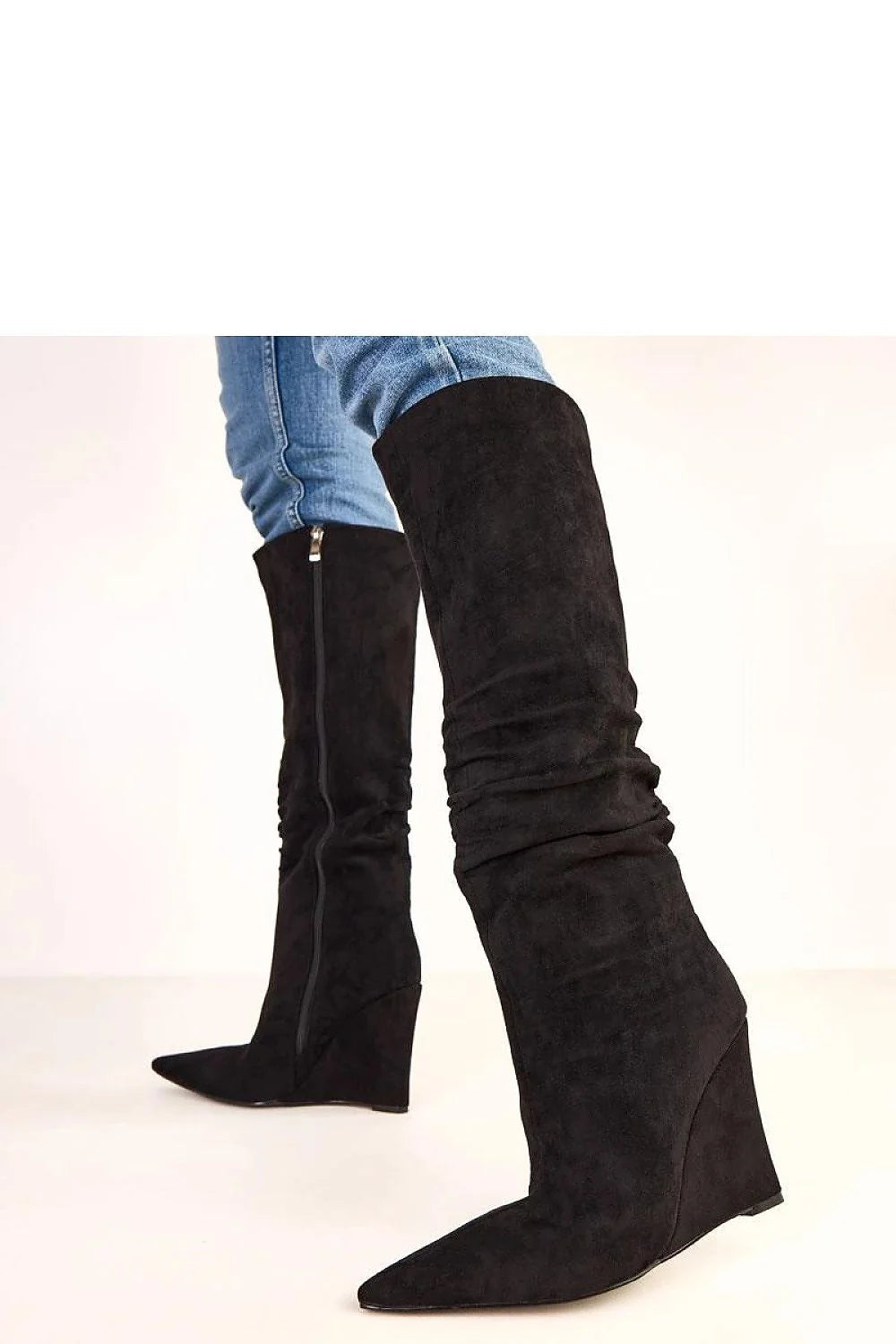 bottes cothurnes femme cuir suédé écologique noir tige 41cm bout pointu élancé talon compensé 11cm froncée fermeture éclair