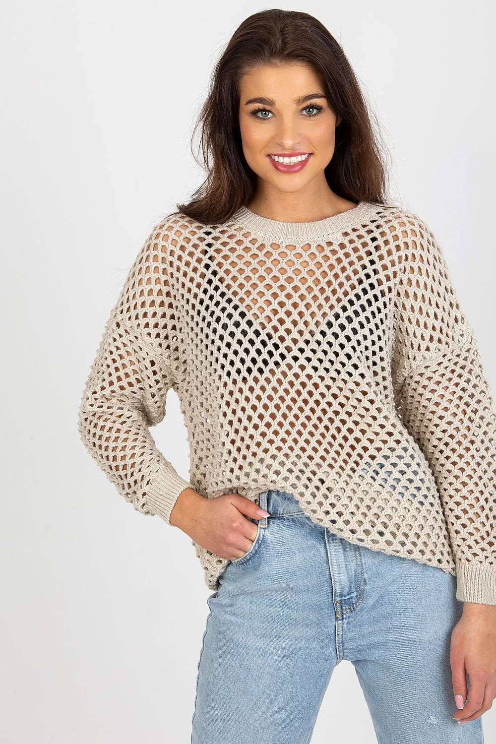 Pull oversize maille ajourée pour femme manches longues encolure ronde style casual couleurs neutres été printemps