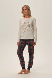 Pyjama Henderson Femme Noël Pyjama Hiver Crème Carreaux Coton Viscose Confort Élégance Design Graphique