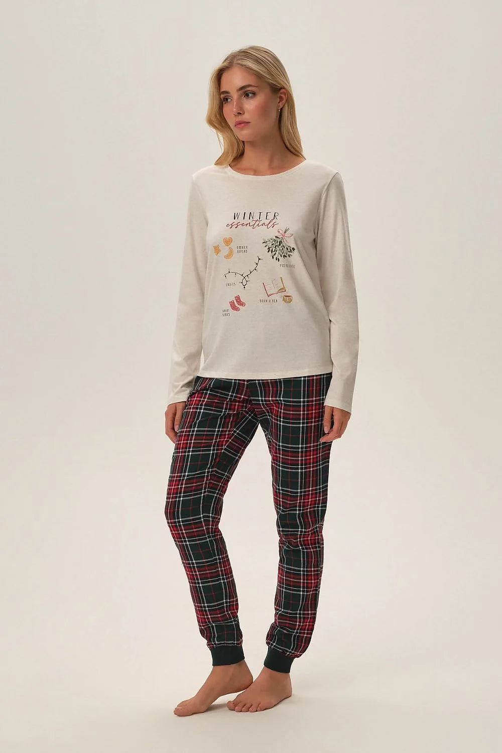 Pyjama Henderson Femme Noël Pyjama Hiver Crème Carreaux Coton Viscose Confort Élégance Design Graphique