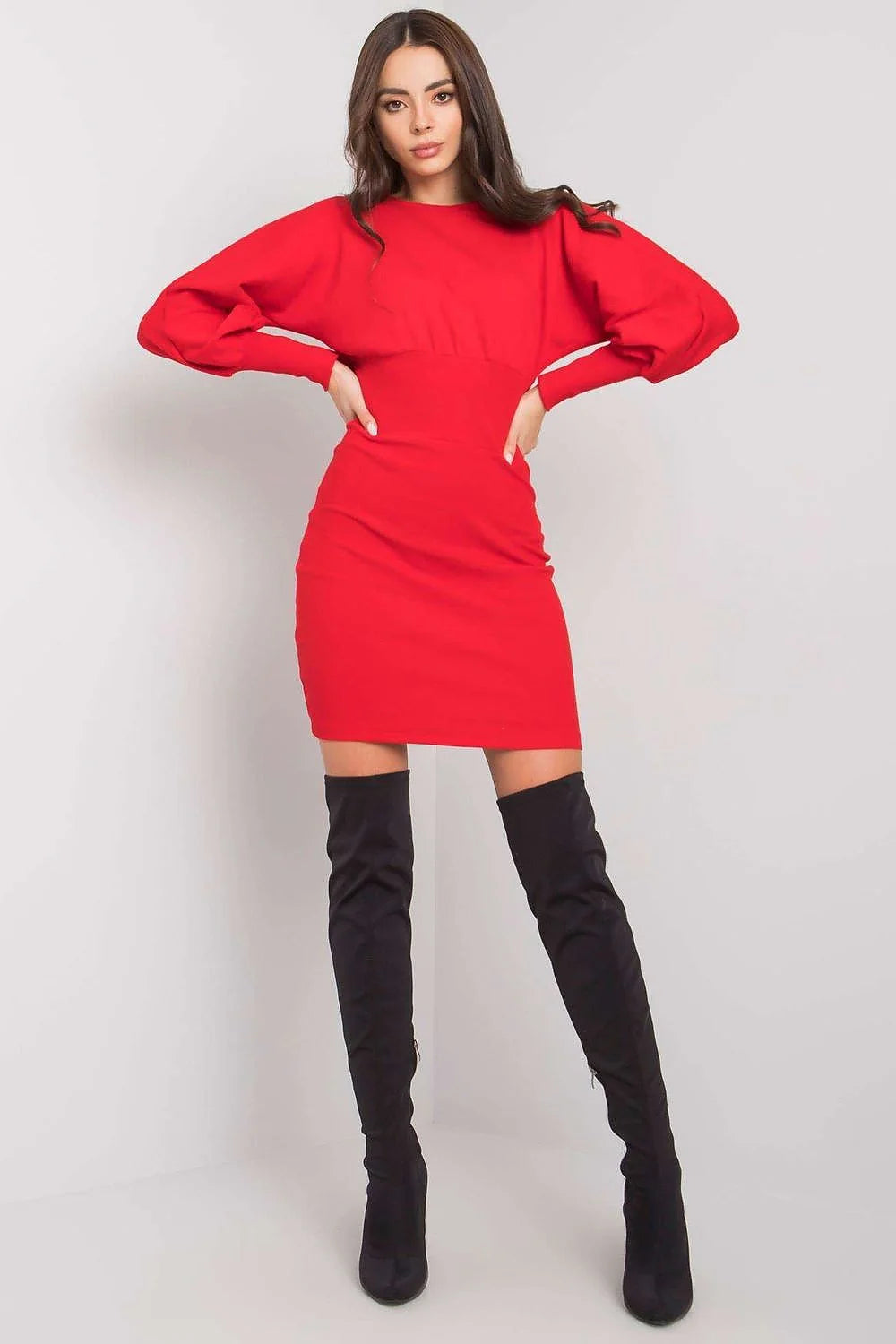 robe ajustée femme manches ballon longues poignets resserrés col rond mini genou rouge vif côtelée extensible coton élasthanne Rue Paris