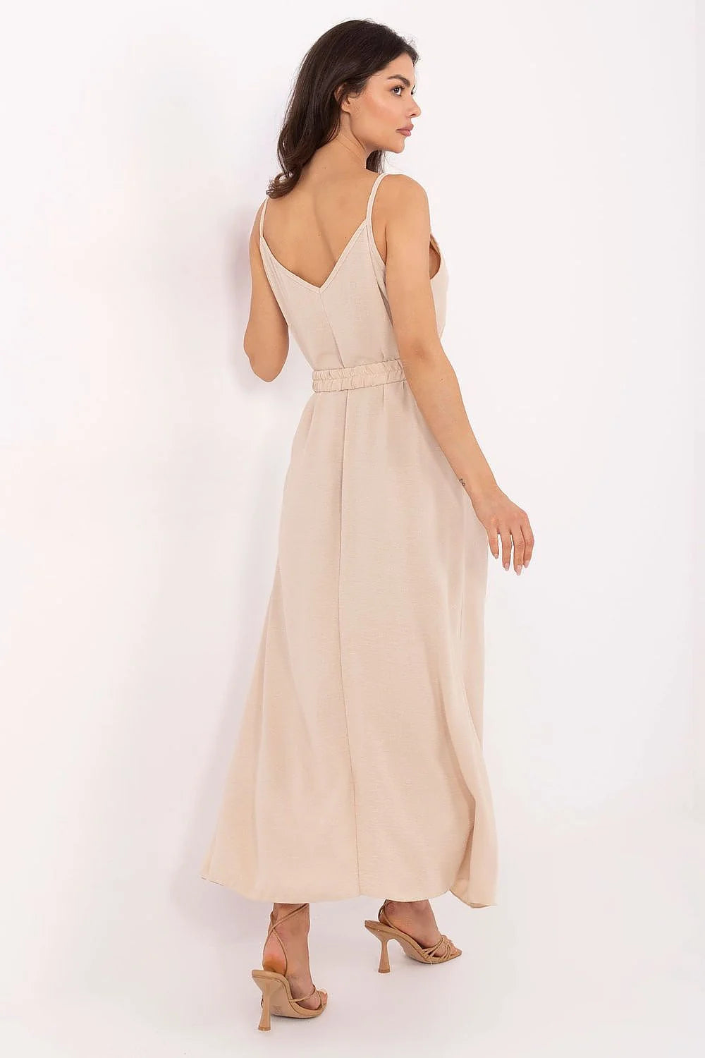 Robe d'été longue à bretelles Och Bella décolleté en V volant beige clair élégante femmes sorties quotidiennes