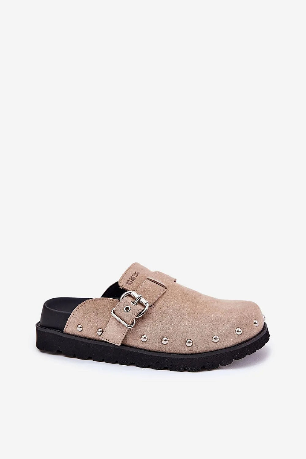 mules daim beige suède femme Big Star clous argentés boucle réglable dos ouvert semelle crantée caoutchouc confortables polyvalentes