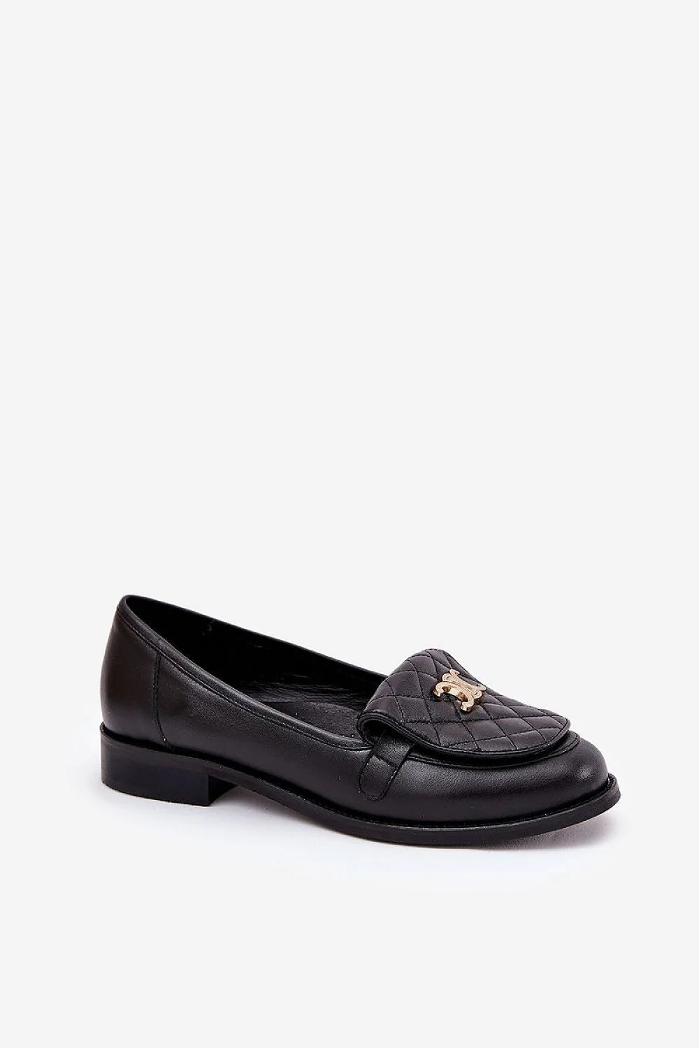Mocassins pour femme en cuir noir matelassé avec broderie métallique argentée élégante et confortable à la cheville